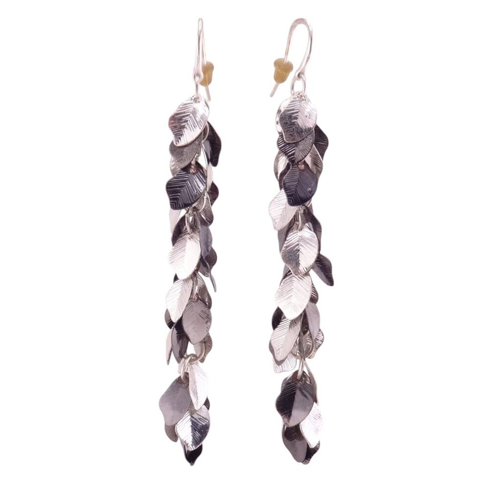 Gunmetal Grey & Silvertone Leaves Shaky Drop Dangle Hook Earrings 3" NWOT